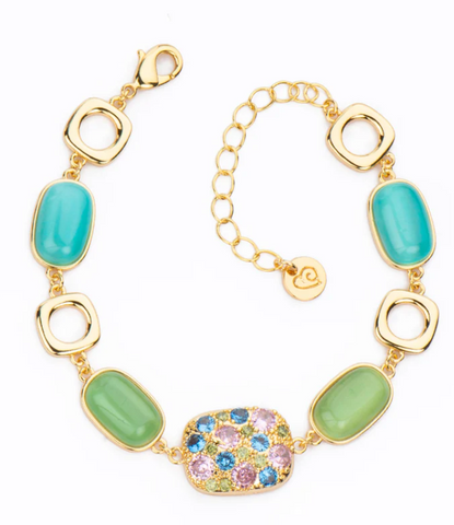 Bracciale con centrale in pavè mix multicolore e rettangolari in cat eye verde lago e azzurro