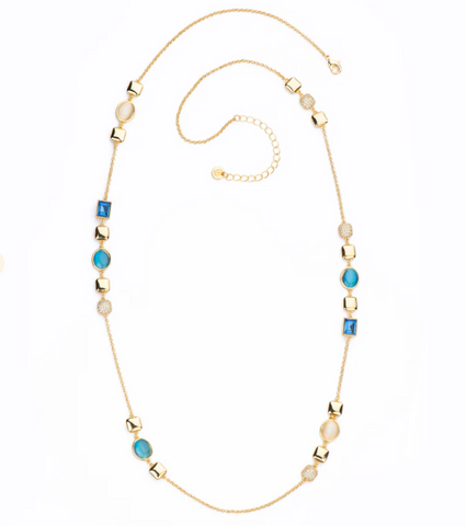 Collana in catena rolò in brass dorato intervallata da cristalli zaffiro