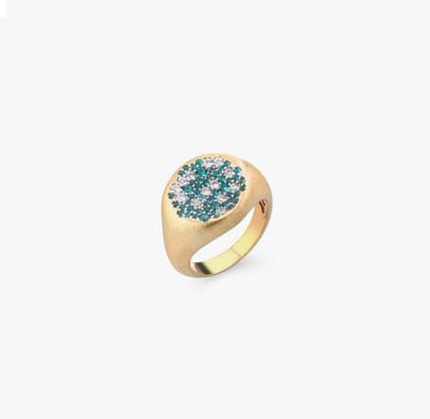 Anello sigillo medio satinato oro giallo zirconi paraiba